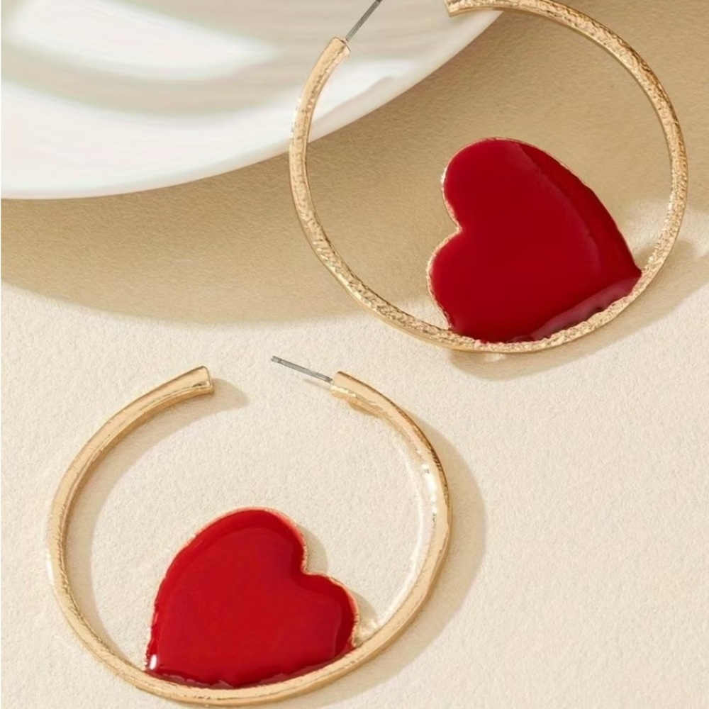 Gold and Red Heart Hoop Earrings| Valentine Day Gift - Picture 2 of 3
